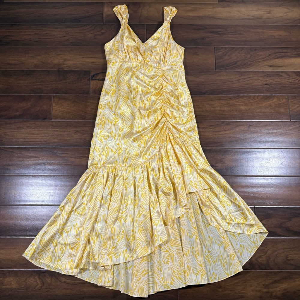 Cinq A Sept Women's Size 8 Yellow‎ White Ruched Nikola Silk Midi Dress